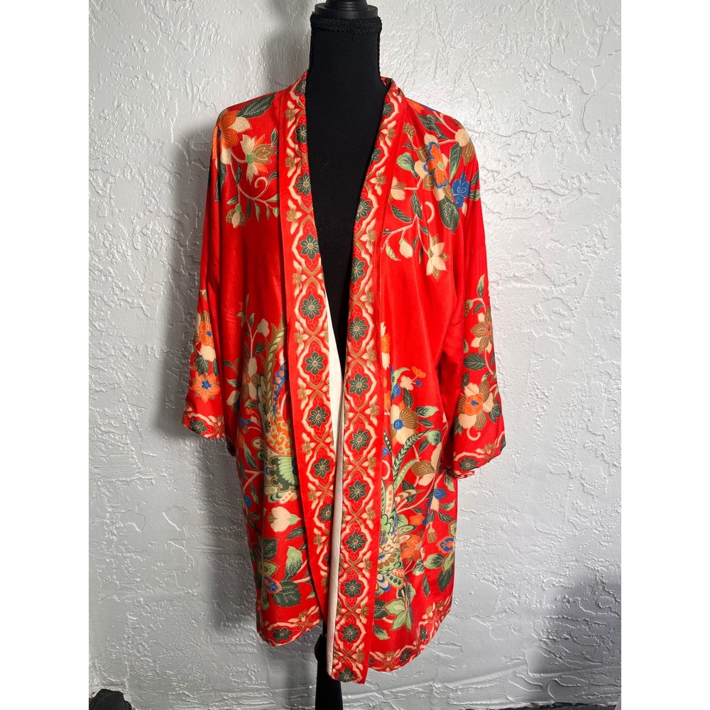 Vintage Made in Japan 100% Silk Red Floral Bird Kimono Jacket One Size Artwear